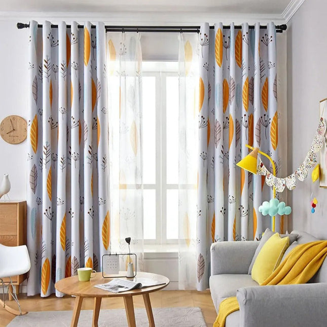 Žlutá voálová záclona s listy