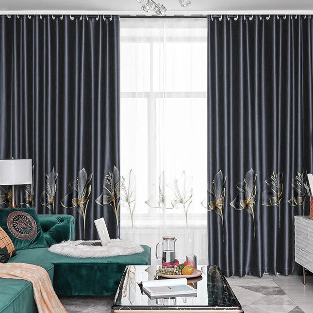 Šedý zatemňovací závěs se zlatými listy