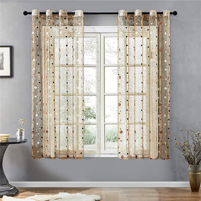 Průsvitná záclona s hnědou výšivkou